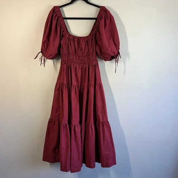 En Saison Maroon Puff Sleeve Tiered Cotton Midi Dress M Cottagecore Milkmaid - Picture 6 of 16